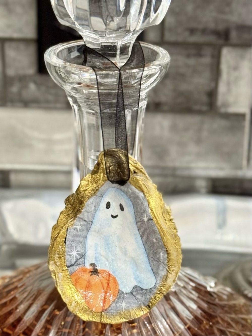 Hand Crafted Halloween Ghost Oyster Shell Ornament 3”